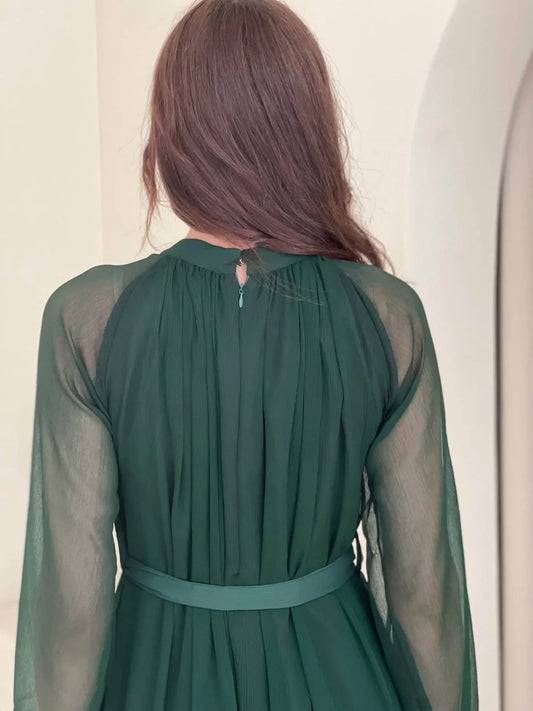A-line Long Sleeved Tulle Fabric Ankle Length Prom Dress