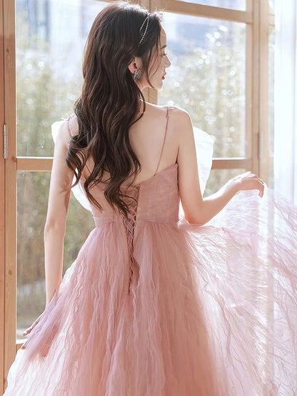 Beautiful A Line Spaghetti Straps Blush Long Formal Dress with Bowknot