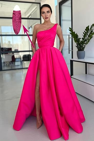Simple One Shoulder Satin Evening Dresses With Slit ﻿