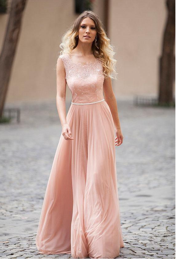 Prom Dresses Stores Modest Blush Pink Lace Chiffon Sleeveless Backless A-Line Long Prom Dresses Formal Women's Dresses