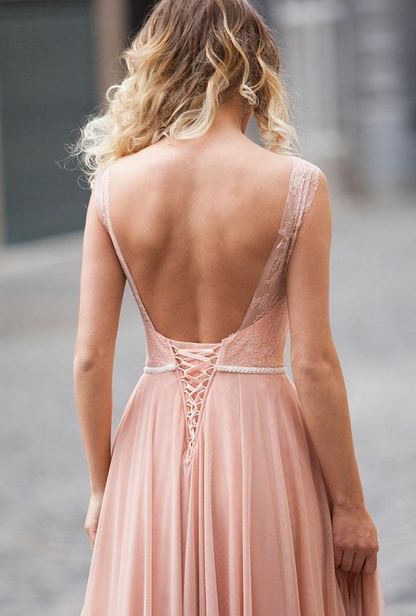 Prom Dresses Stores Modest Blush Pink Lace Chiffon Sleeveless Backless A-Line Long Prom Dresses Formal Women's Dresses