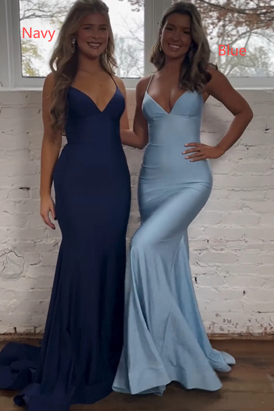 Pretty Mermaid Spaghetti Straps Lace Up Back Long Satin Prom Dress