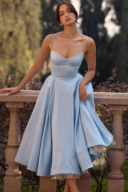 Simple Blue Satin Tea-Length Homecoming Dressess Spaghetti Straps