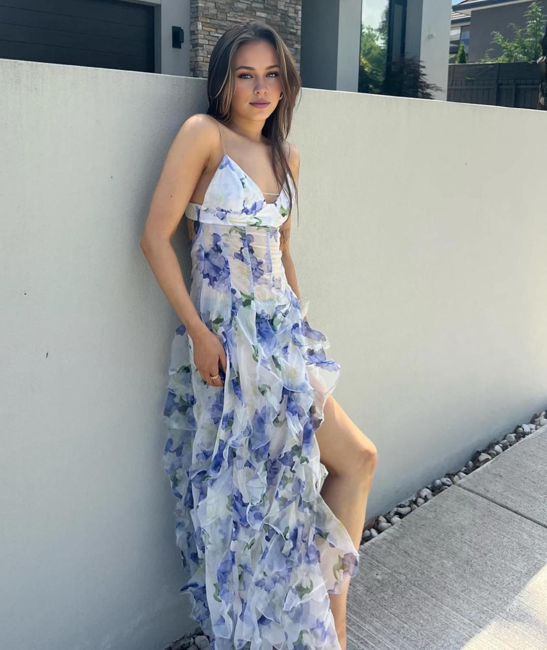 Dress Retro Sheath Spaghetti Straps Floral Blue Slit Chiffon Long Party Dress Prom Dresses
