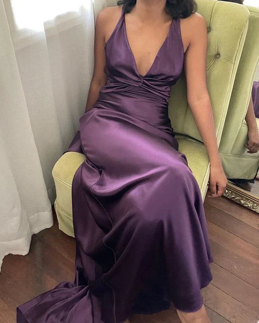 Formal Wear Dresses Elegant Dark Purple V Neck Halter Vintage Prom Dress Stores With Prom Dresses Formal Women's Dresses