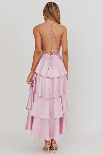 Dress A-line Spaghetti Straps Deep V Neck Tiered Frill Strappy Open Back Prom Dress Lilac