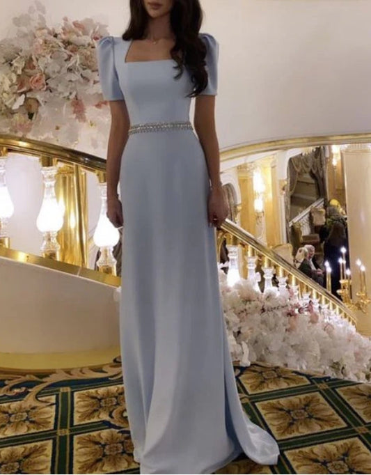 A-line Bubble Sleeve Square Neck Slimming Floor Dance Party Prom Dress