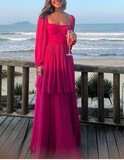 A-Line Long Sleeves Square Neck Formal Party Prom Dress