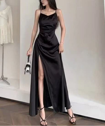 A Line Satin Spaghetti Straps Prom Dresses With Slit