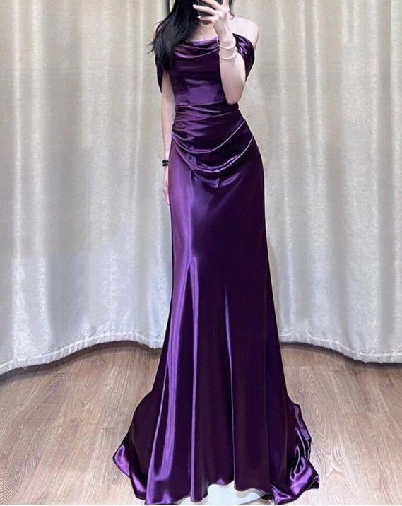 A-line Strapless Satin Off Shoulder Long Satin Prom Dress
