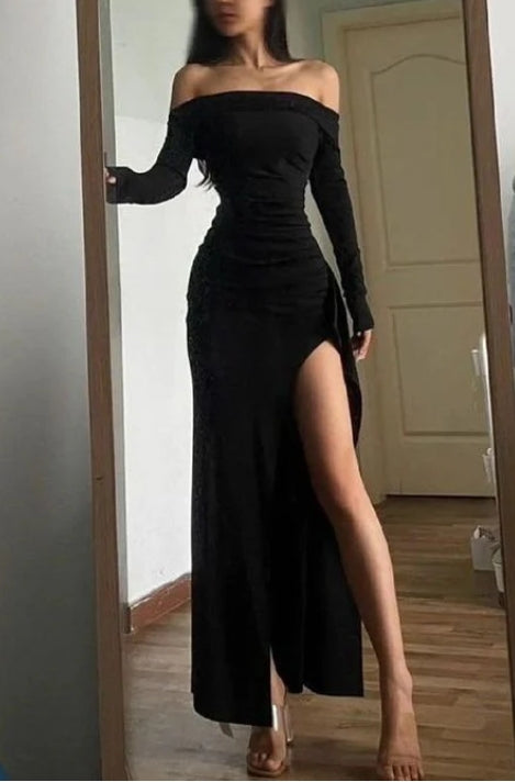 Off The Shoulder Slit Prom Dresses With Long Sleeve ﻿