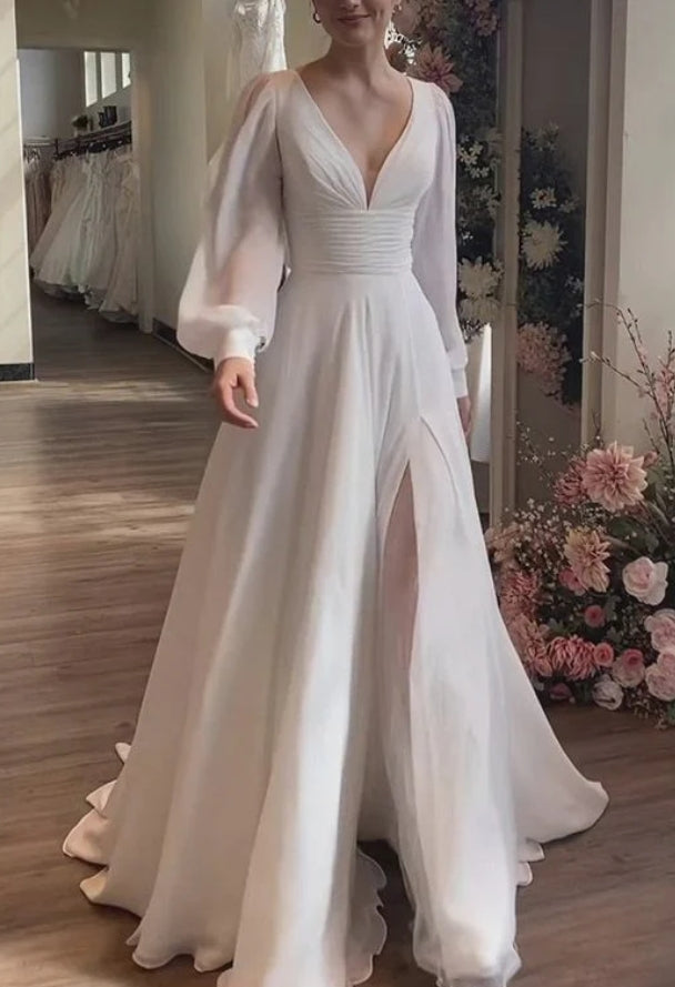 V Neck A Line Long Sleeve Chiffon Wedding Prom Dress With Slit