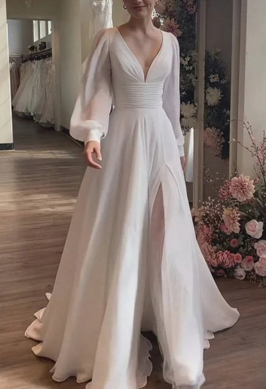 V Neck A Line Long Sleeve Chiffon Wedding Prom Dress With Slit