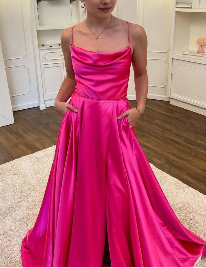 A Line Spaghetti Straps with Split Front Evening Prom Dresses