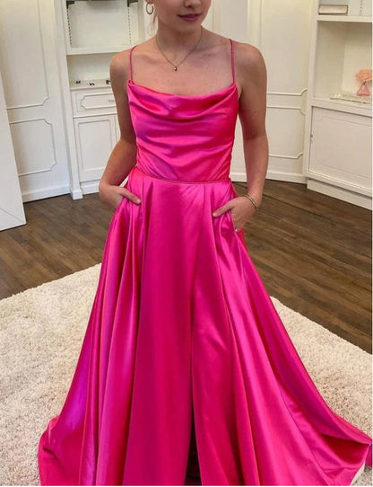 A Line Spaghetti Straps with Split Front Evening Prom Dresses