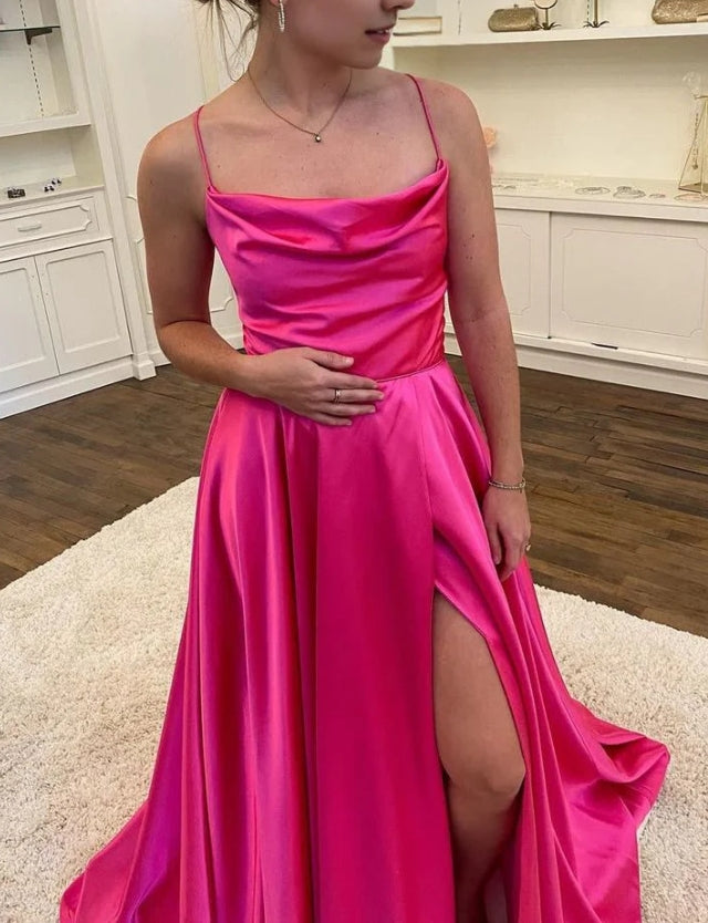 A Line Spaghetti Straps with Split Front Evening Prom Dresses