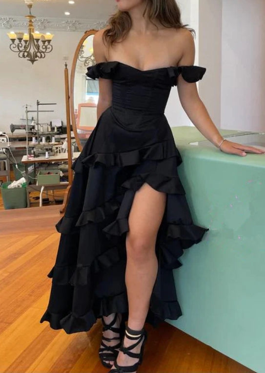 A-Line Off Shoulder Prom Party Dress with Slit