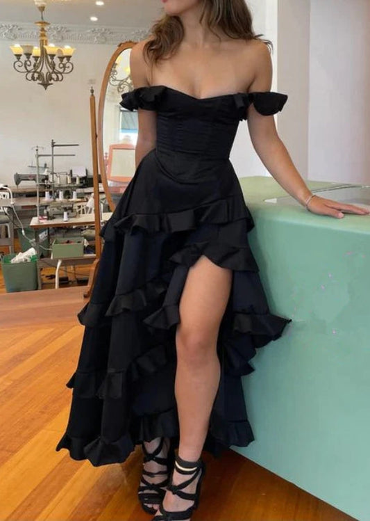 A-Line Off Shoulder Prom Party Dress with Slit