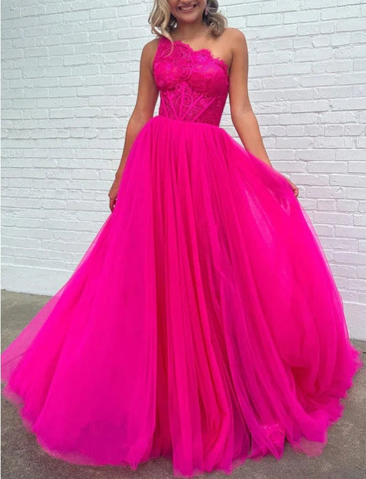 One Shoulder A-line Lace Tulle Prom Dress with Slit