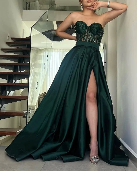 A-line Elegant Strapless Sleeveless Split Evening Prom Dress