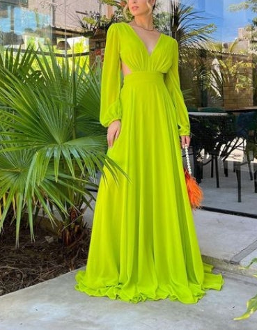 A-line Deep V Cutout Waist Backless Elegant Prom Gowns