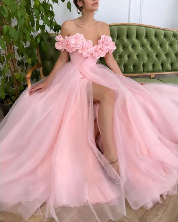 Floral Tulle Off The Shoulder Evening Prom Dress With Slit