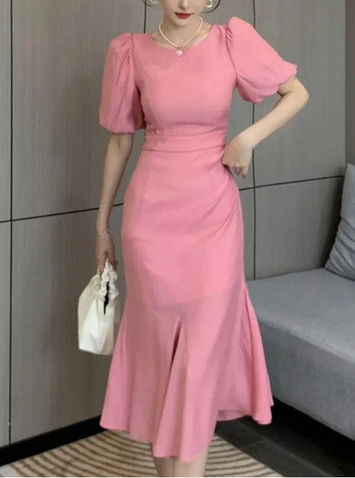 A-line Classy Puff Sleeves Mid-length Prom Dress