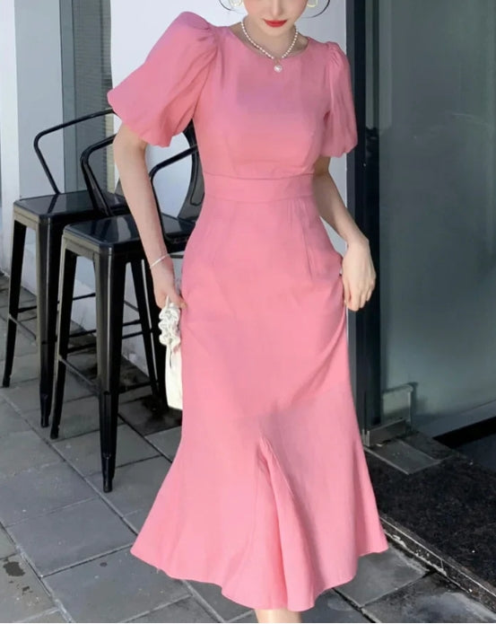 A-line Classy Puff Sleeves Mid-length Prom Dress