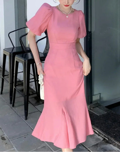 A-line Classy Puff Sleeves Mid-length Prom Dress