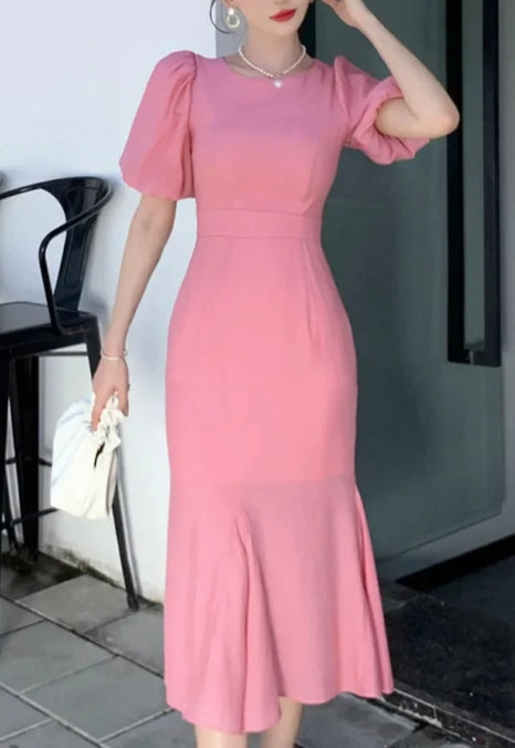 A-line Classy Puff Sleeves Mid-length Prom Dress