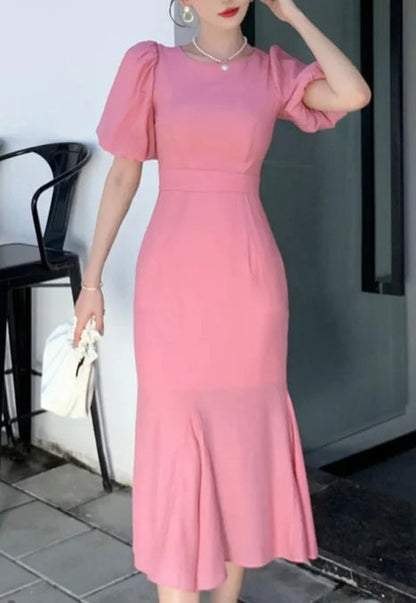 A-line Classy Puff Sleeves Mid-length Prom Dress