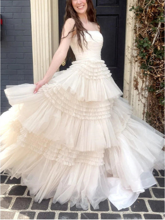 A-line Strapless Multi-Layers Tulle Long Prom Dress with Slit