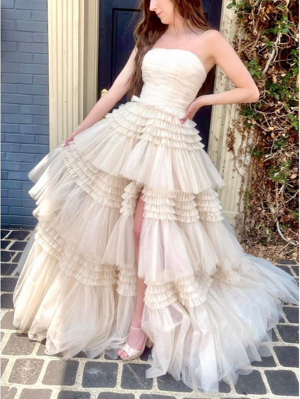 A-line Strapless Multi-Layers Tulle Long Prom Dress with Slit