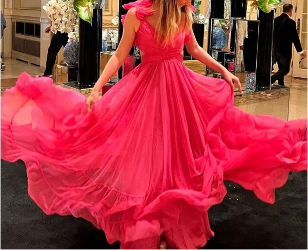 A-line Lace-Up Ruffle Shoulder Plunging V Neck Long Prom Dress