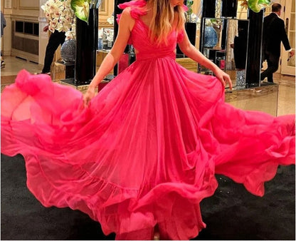 A-line Lace-Up Ruffle Shoulder Plunging V Neck Long Prom Dress