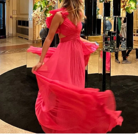 A-line Lace-Up Ruffle Shoulder Plunging V Neck Long Prom Dress