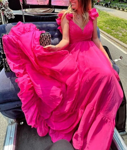 A-line Lace-Up Ruffle Shoulder Plunging V Neck Long Prom Dress
