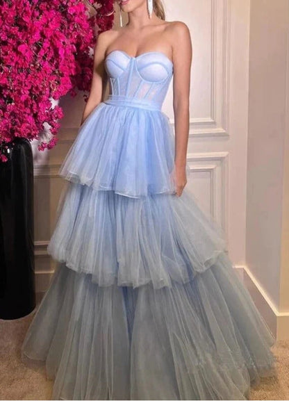 A-line Tiered Tulle Sweetheart Floor Length Prom Dresses