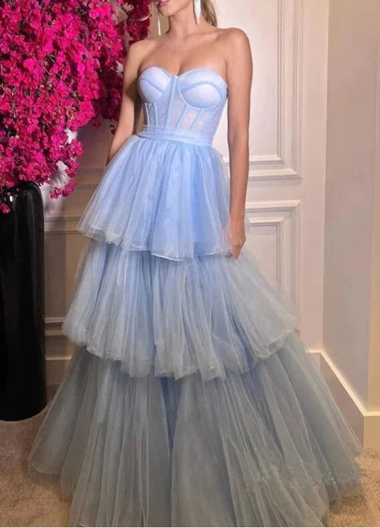 A-line Tiered Tulle Sweetheart Floor Length Prom Dresses
