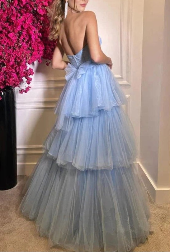 A-line Tiered Tulle Sweetheart Floor Length Prom Dresses