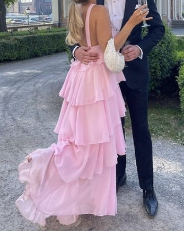 Halter A-line Tiered Backless Floor Length Prom Dress