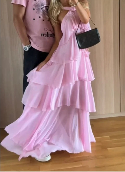 Halter A-line Tiered Backless Floor Length Prom Dress