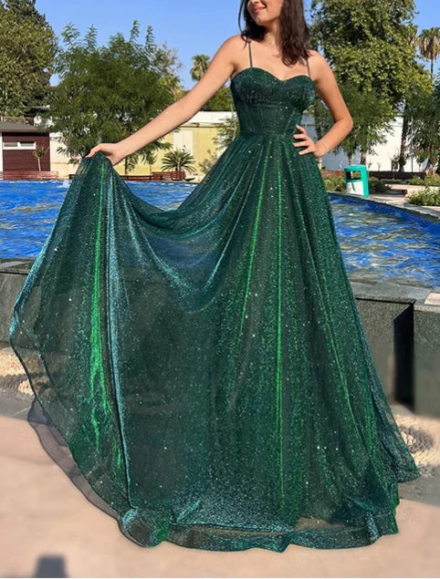 A-line Tulle Elegant Spaghetti Straps Prom Dresses