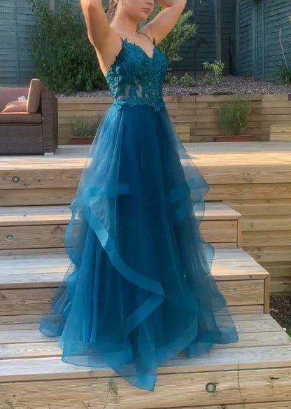 A-line Spaghetti Straps V Neck Tulle Lace Long Prom Dress