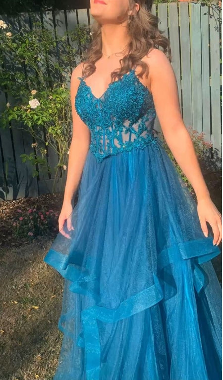 A-line Spaghetti Straps V Neck Tulle Lace Long Prom Dress