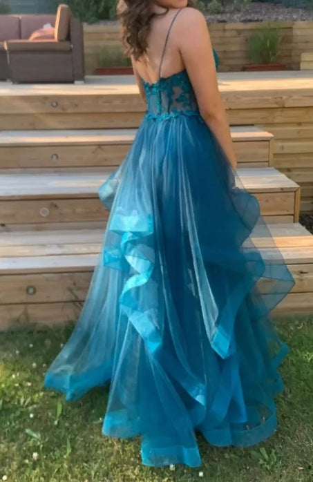 A-line Spaghetti Straps V Neck Tulle Lace Long Prom Dress