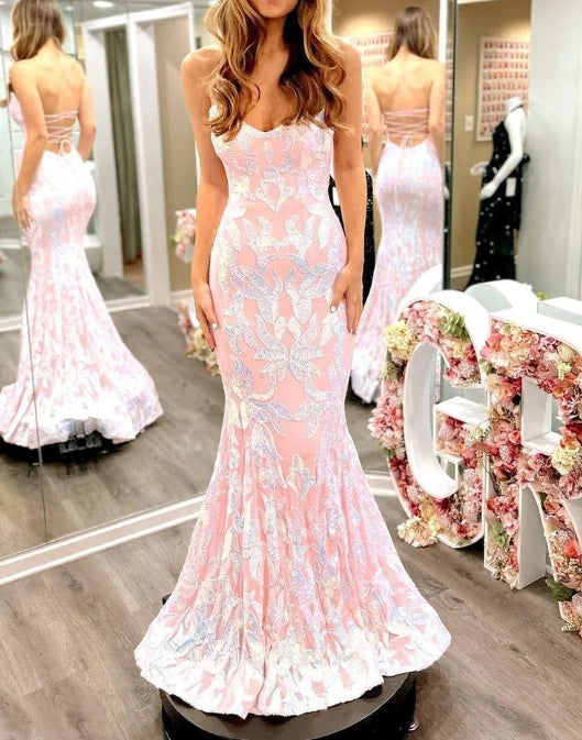 Cute Mermaid Scoop Neck Satin Prom Dresses with Sequins Lace