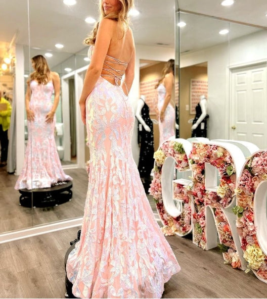 Cute Mermaid Scoop Neck Satin Prom Dresses with Sequins Lace