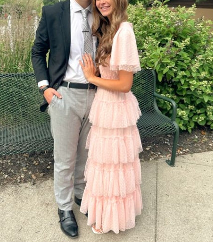 A-line Short Sleeves Multi-Storey Prom Dress