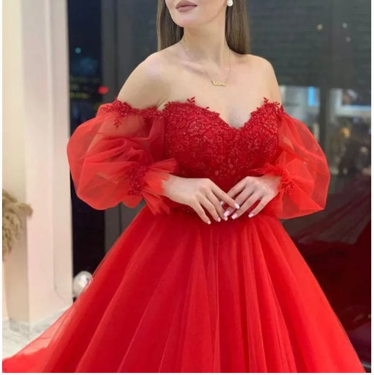A-line Off The Shoulder Elegant Long Sleeves Prom Gown